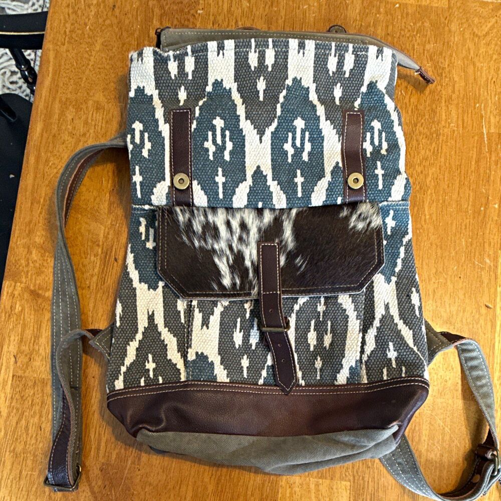 Myra Bag Southwestern Aztec Canvas Cowhide Leather Backpack Gray Boho Western